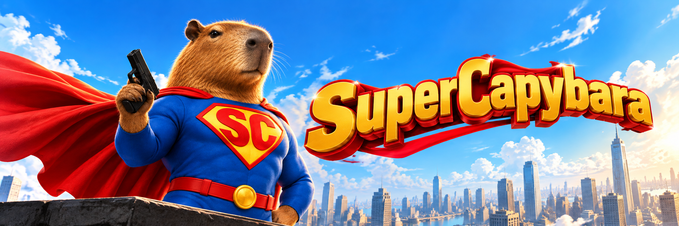SuperCapybara stands above the city skyline with a flowing red cape, beside a large golden SuperCapybara title.