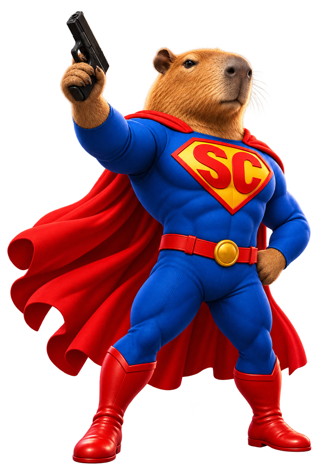 SuperCapybara, a capybara in a blue superhero suit, red cape, and red boots, with a yellow and red SC chest emblem, holding a small black pistol.